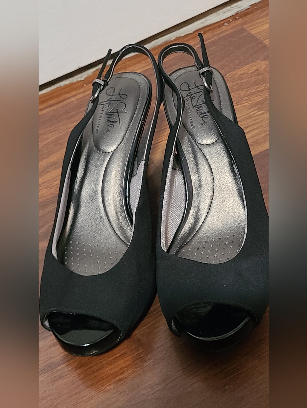 Life Stride Black Peep-Toe Slingback Heels with Cushioned Insole